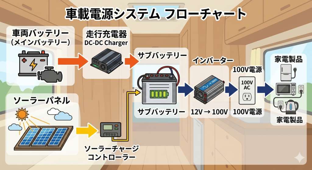 軽キャンの電源システムフローチャート
