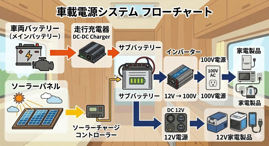サブバッテリー直結家電も含めた軽キャン電源システムフローチャート