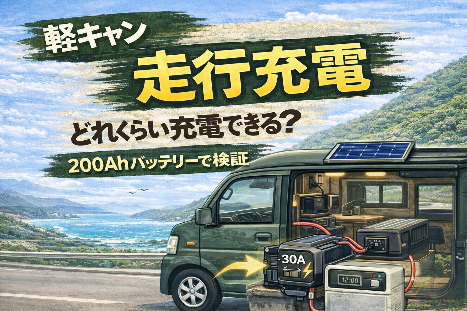軽キャンの走行充電でサブバッテリーを充電しているイメージ