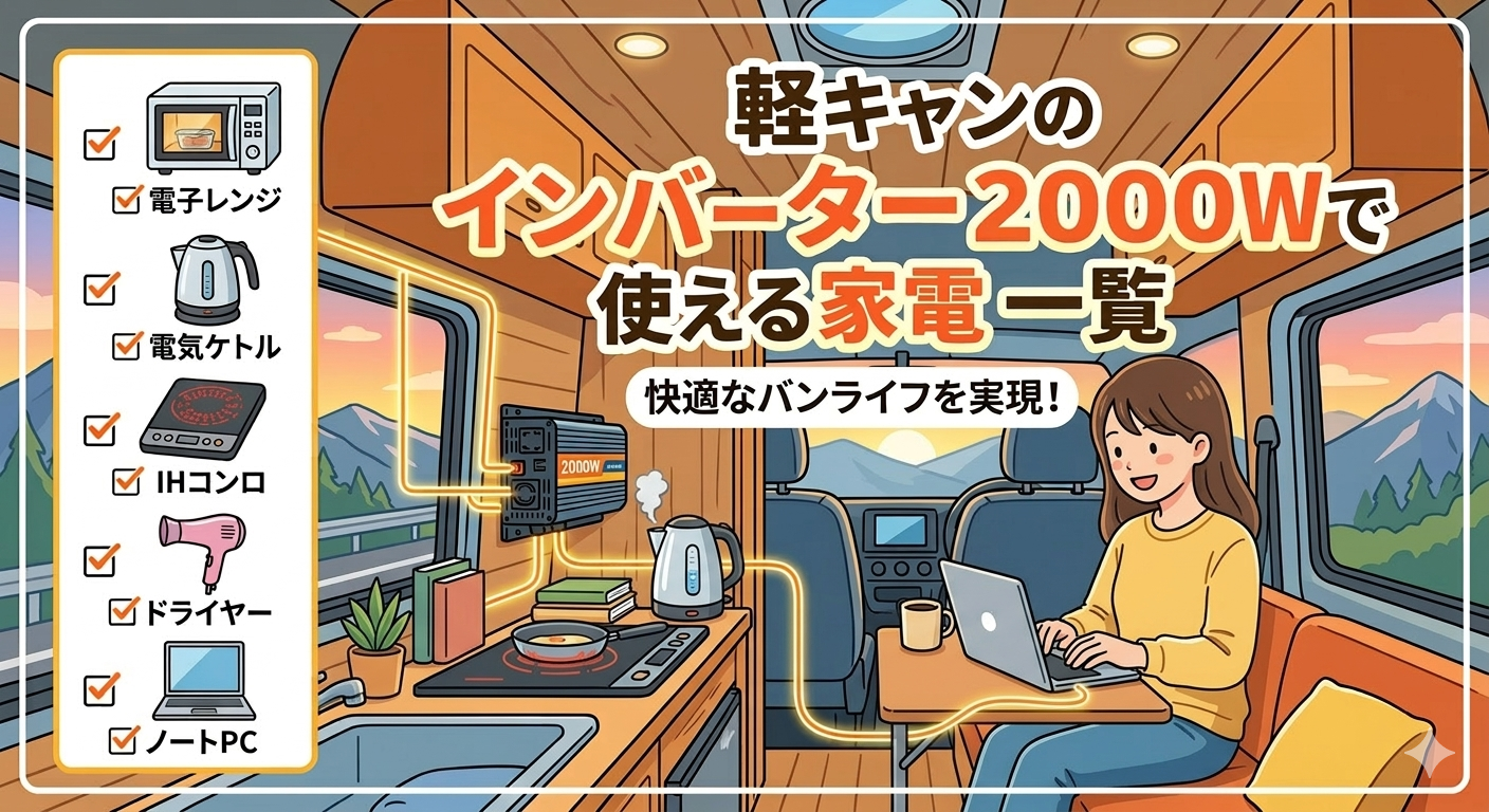 軽キャンの2000Wインバーターを活用して家電を使用しているイメージ