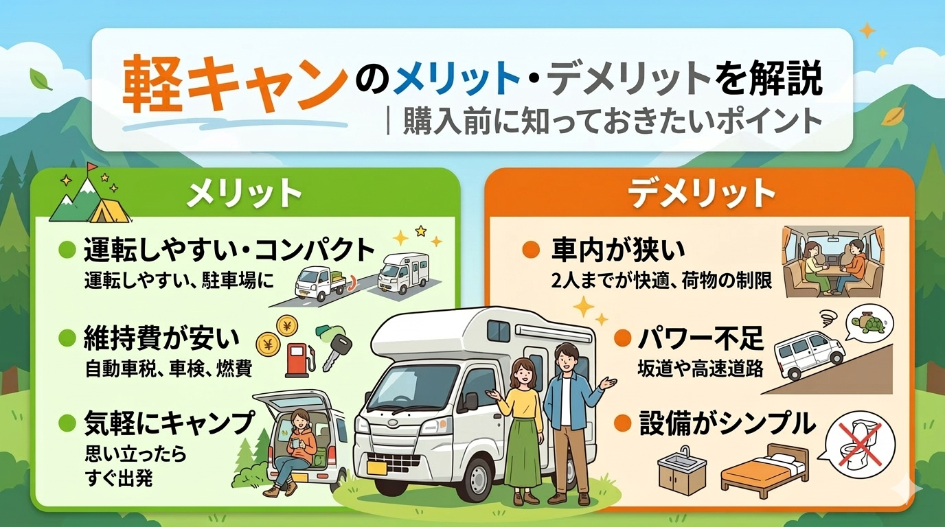 軽キャンのメリット・デメリットを解説するイメージ