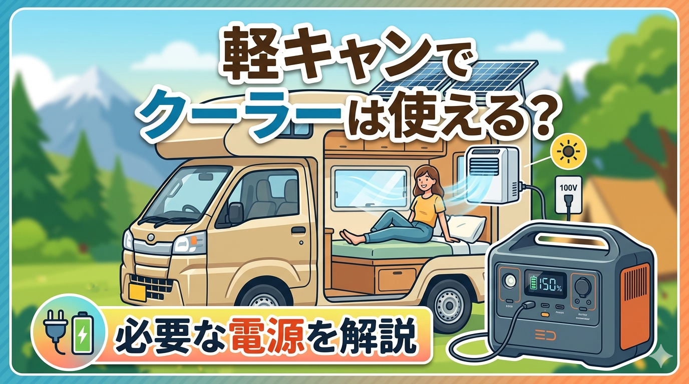 夏の軽キャンでクーラーを使用してくつろいでいるイメージ