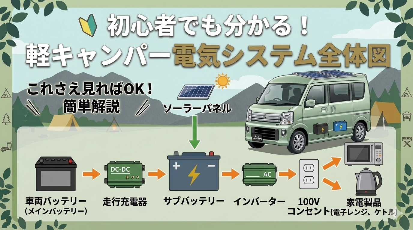 軽キャンの電気システムをイラスト化したイメージ