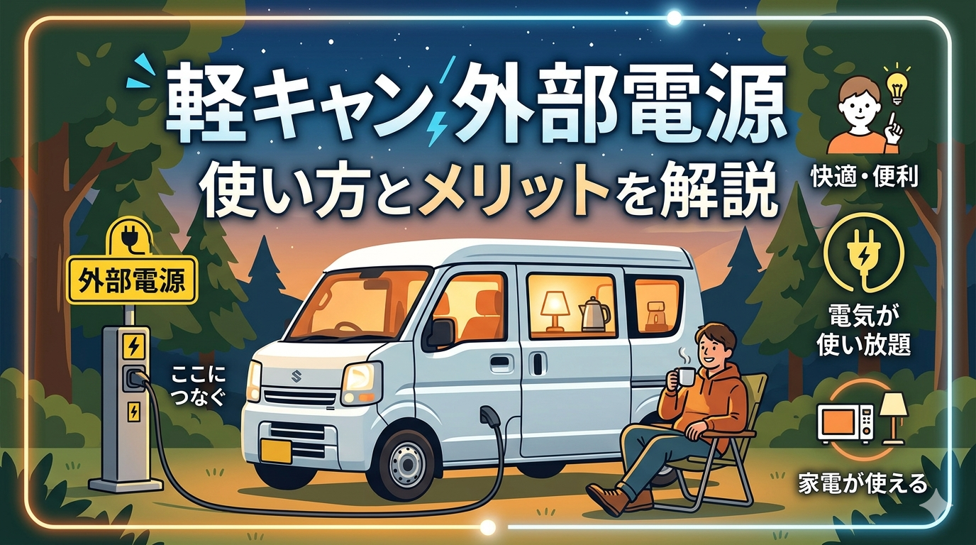 軽キャンに外部電源を接続してくつろいでいるイメージ