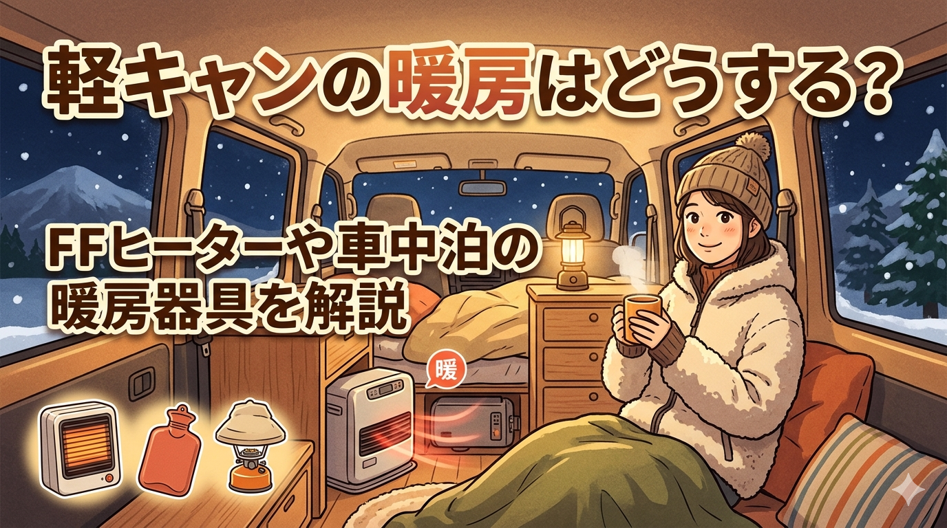 冬の軽キャンで暖房器具を使用してくつろいでいるイメージ