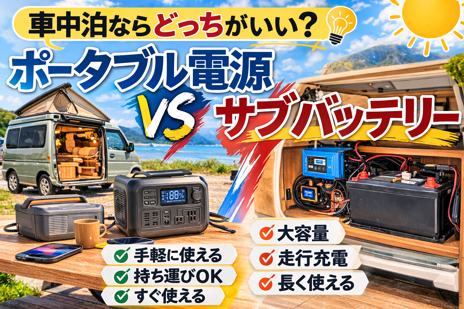 軽キャンのポータブル電源とサブバッテリーの比較イメージ