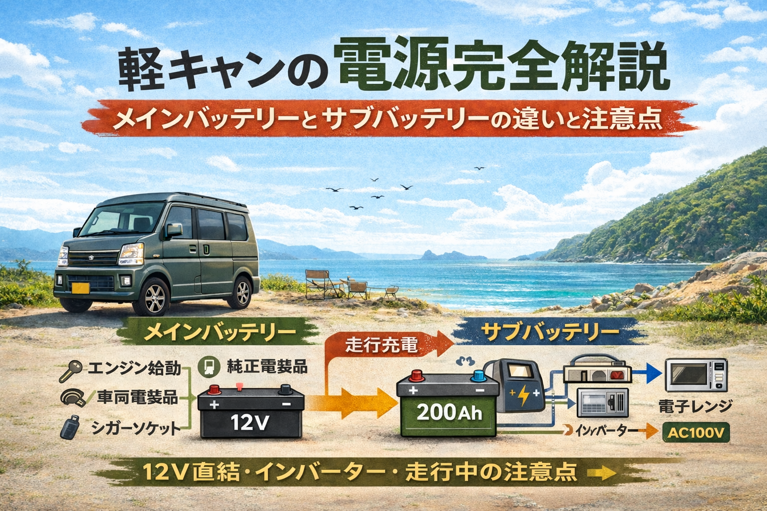 軽キャンの電源を解説するイラスト