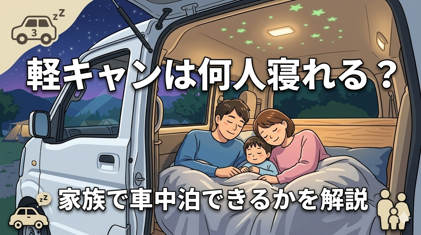 軽キャンで家族3人が就寝しているイメージ