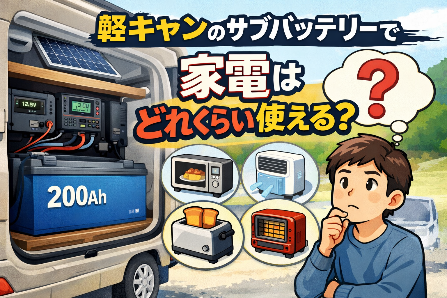 軽キャンのサブバッテリーで様々な家電を使用するイメージ
