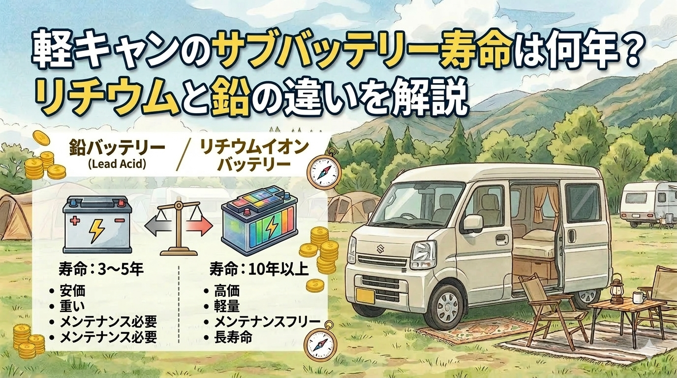 軽キャンのサブバッテリーの寿命を解説するイメージ