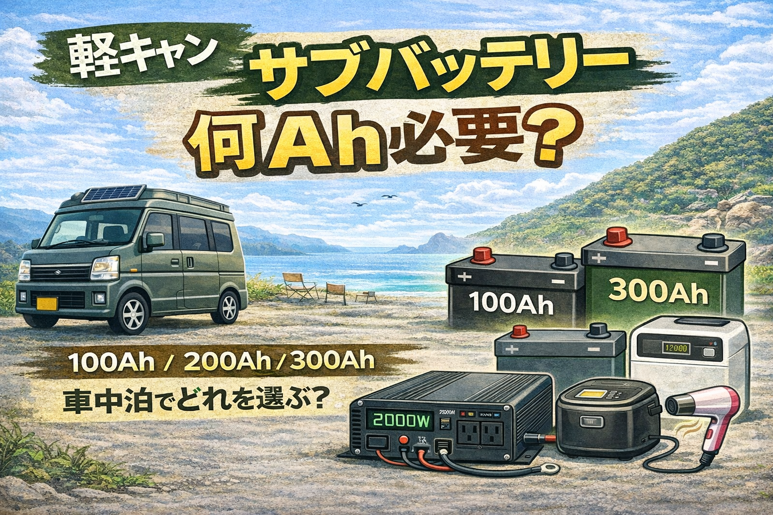軽キャンのサブバッテリーは何Ah必要かというイメージ