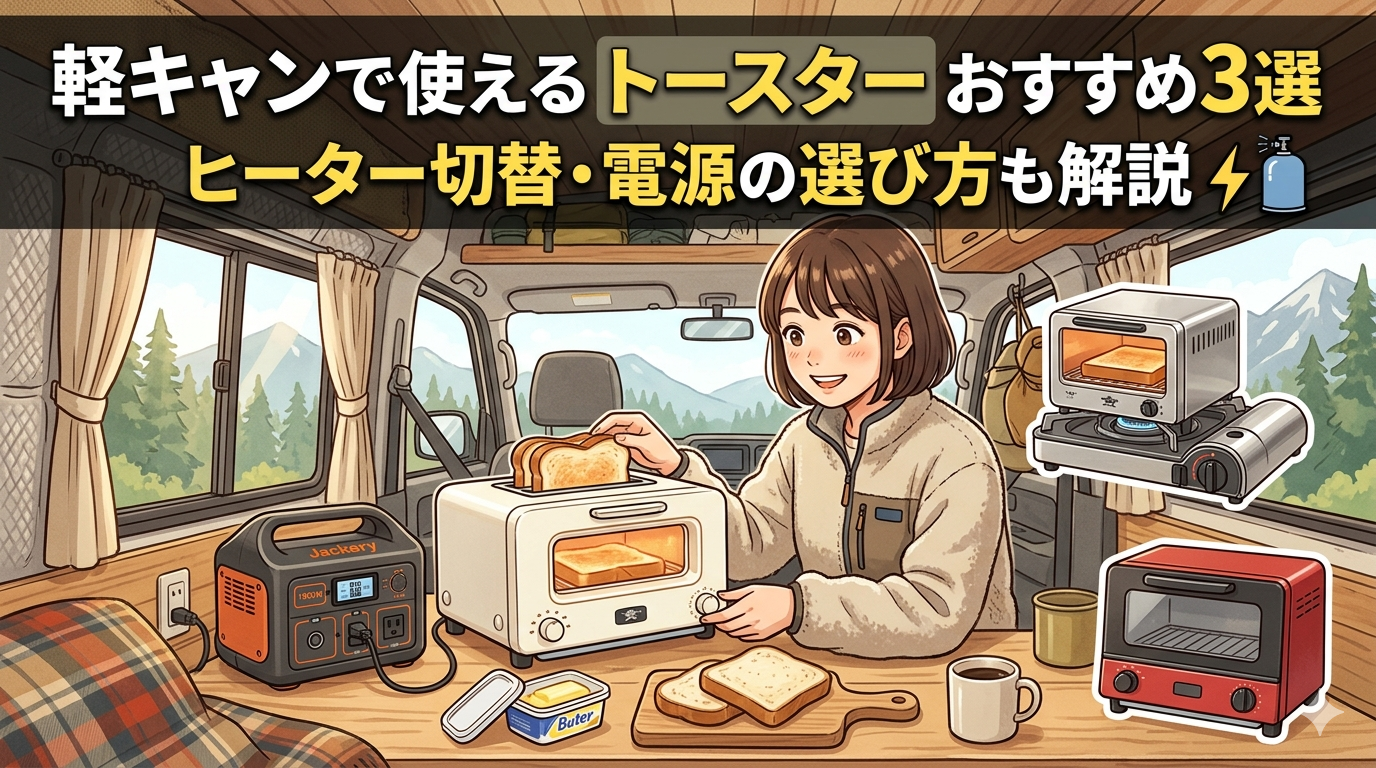 軽キャンの車内でトースターを使用してパンを焼いている様子のイメージ
