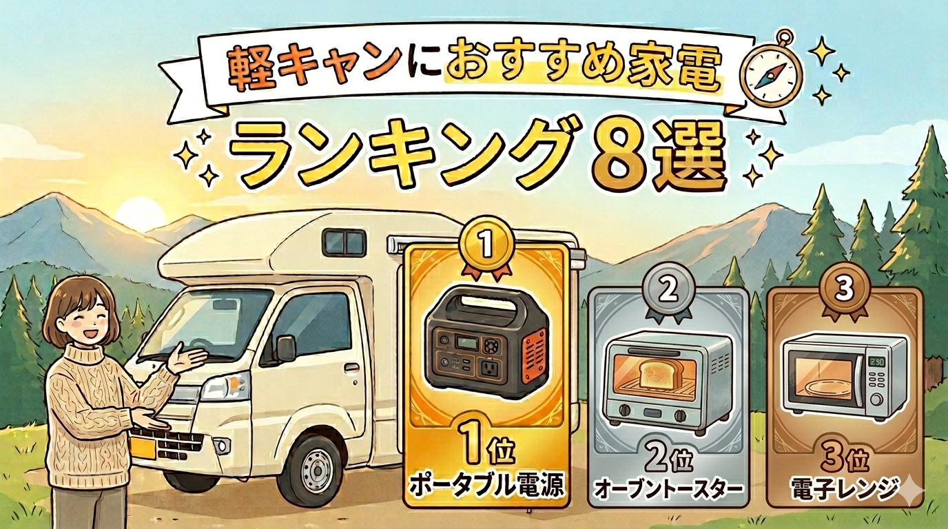 軽キャンにおすすめの家電を紹介しているイメージ