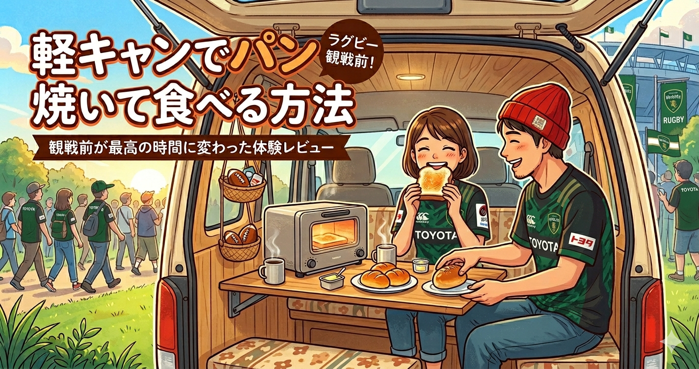 試合観戦前に軽キャンでパンを温めて食べる様子のイメージ